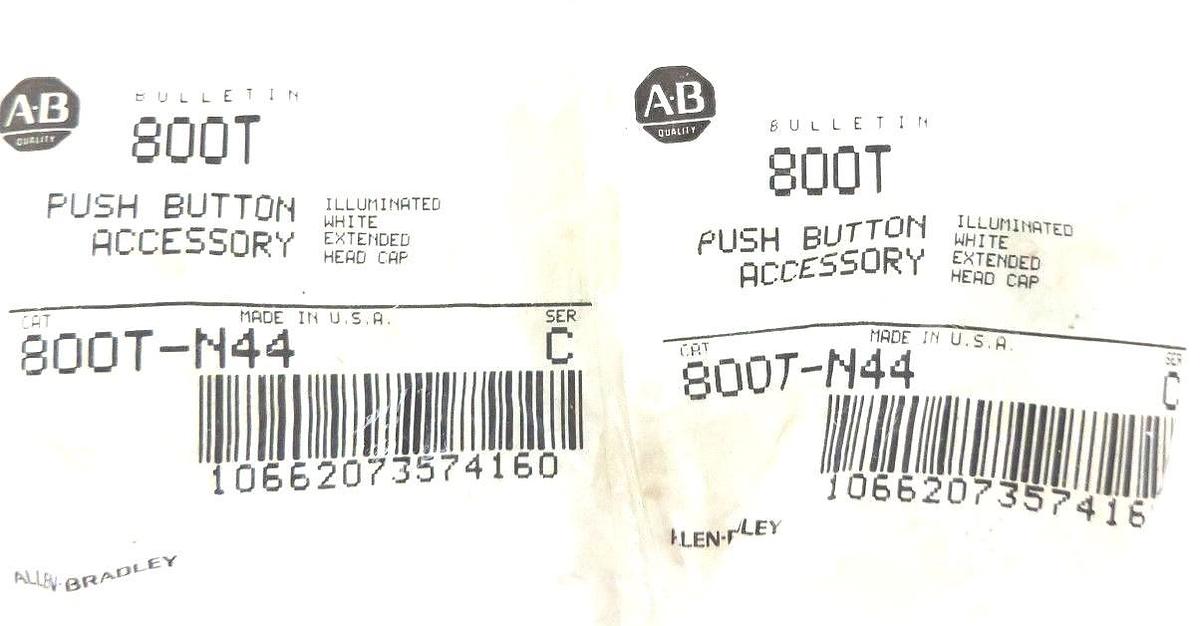 Used LOT OF 2 NEW ALLEN BRADLEY 800T-N44 ILLUM. WHITE EXTENDED HEAD CAP 800TN44 SER C