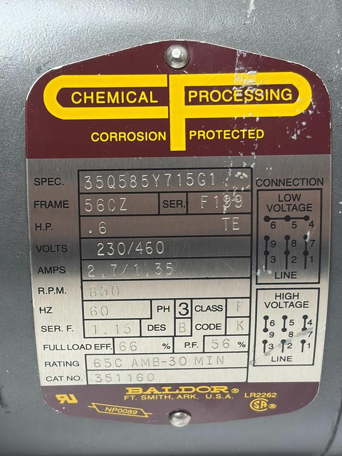 Used Baldor 351160 0.6HP 56CZ 3 Phase 850 RPM TENV Marine Duty AC Motor New Surplus