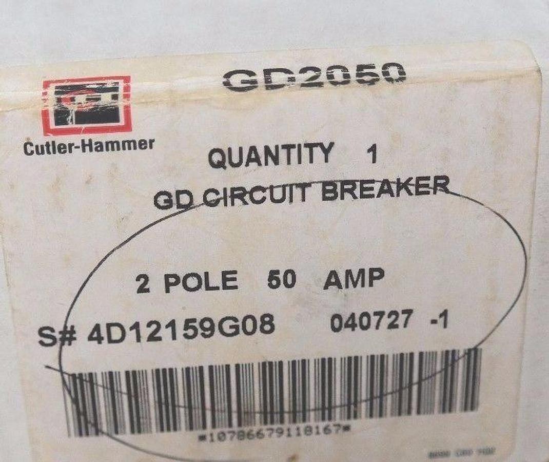 NIB CUTLER HAMMER GD2050 CIRCUIT BREAKER, GD 14K, 2POLE, 50AMP, 4D12159G08 GD14K