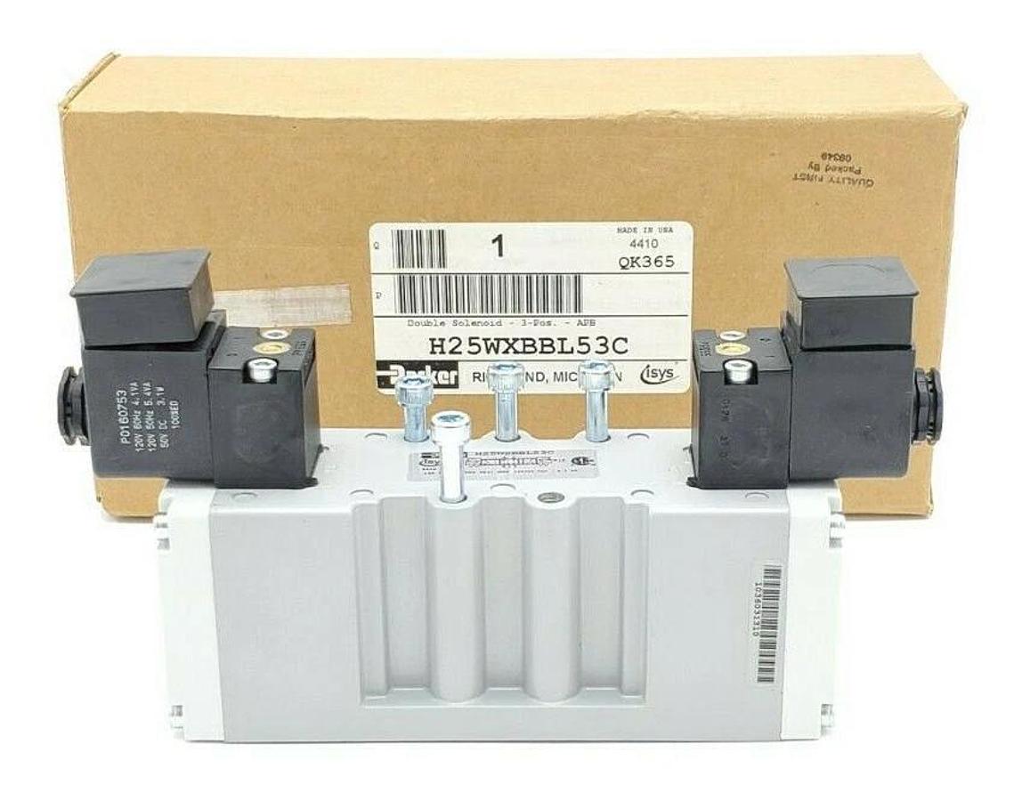 NIB PARKER H25WXBBL53C DOUBLE SOLENOID VALVE 3-POS. APB 145PSIG 120VAC