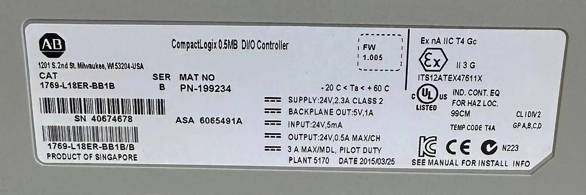 Used Pre-Owned Allen Bradley 1769-L18ER-BB1B /B CompactLogix 5370 L1 Controller