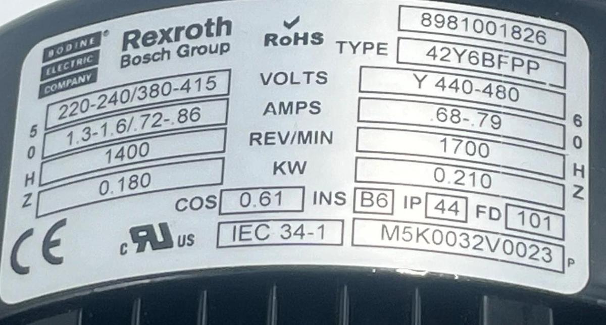 Used REXROTH 42Y6BFPP AC Motor 0.210kW 1700RPM 440-480V 3-Phase Industrial