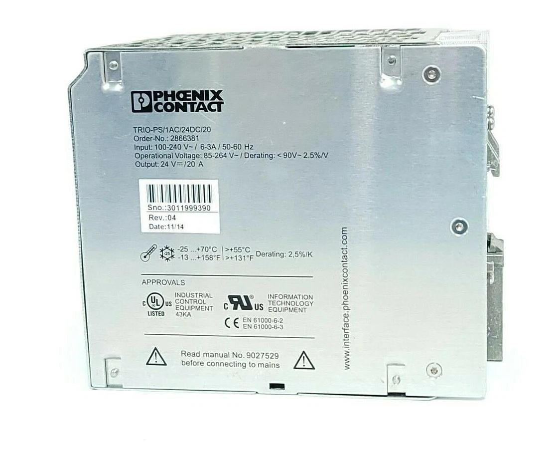 Used PHOENIX CONTACT TRIO-PS/1AC/24DC/20 POWER SUPPLY 2866381 OUTPUT: 24 V DC/20 A