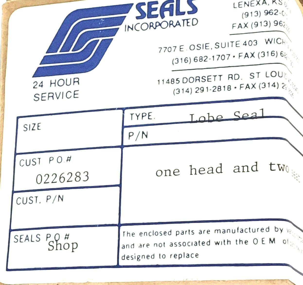 Used NIB SEALS INCORPORATED SEAL KIT (1) HEAD AND (2) SEATS