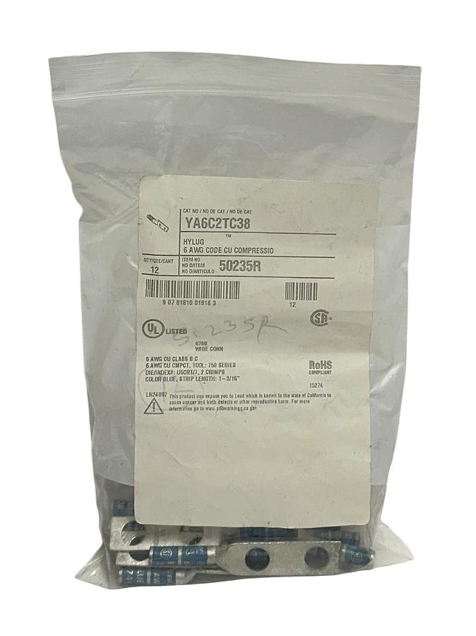 12 BURNDY YA6C2TC38 / 50235R COPPER COMPRESSION LUGS 6AWG BLUE HYLUG 374/7 NSMP