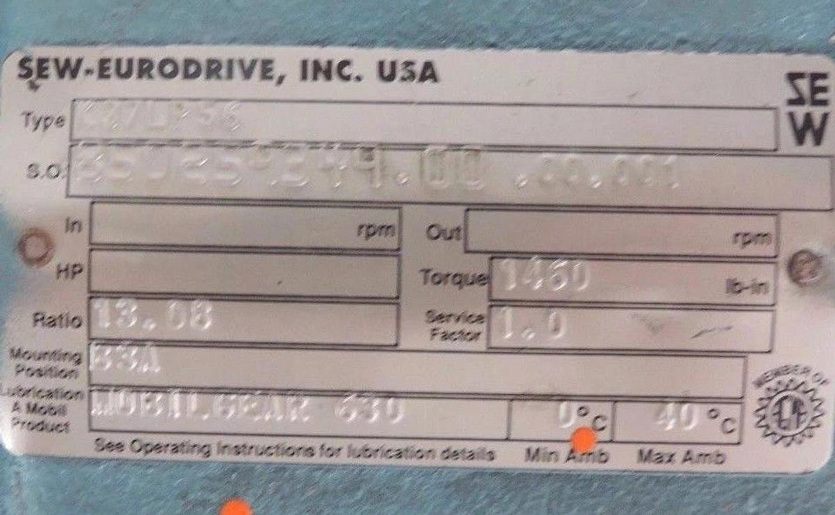 Used SEW EURODRIVE TYPE: K37LP56 WORM GEAR REDUCER, RATIO 13.08 TORQUE: 1460