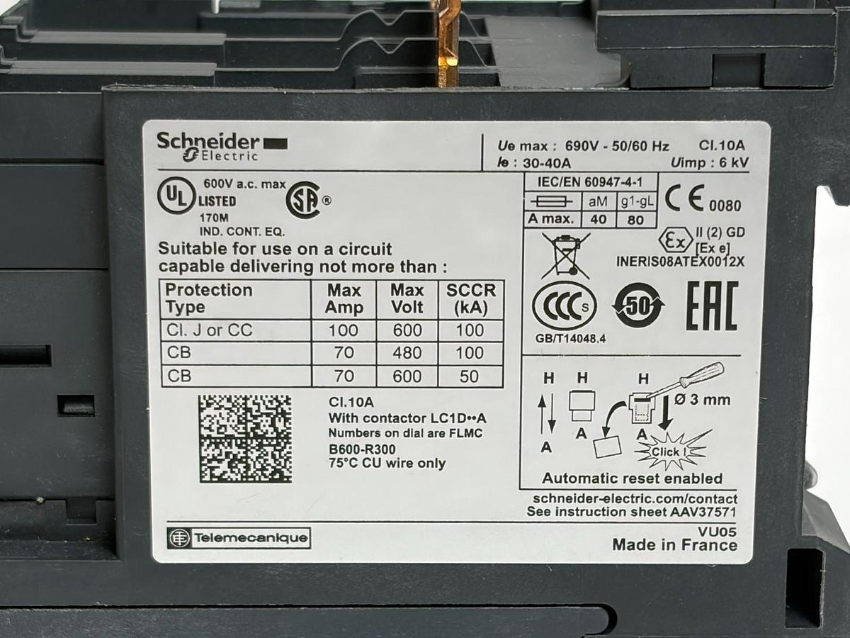 Used Schneider Electric LRD340 TeSys Thermal Overload Relay 30-40A Class 10A EverLink