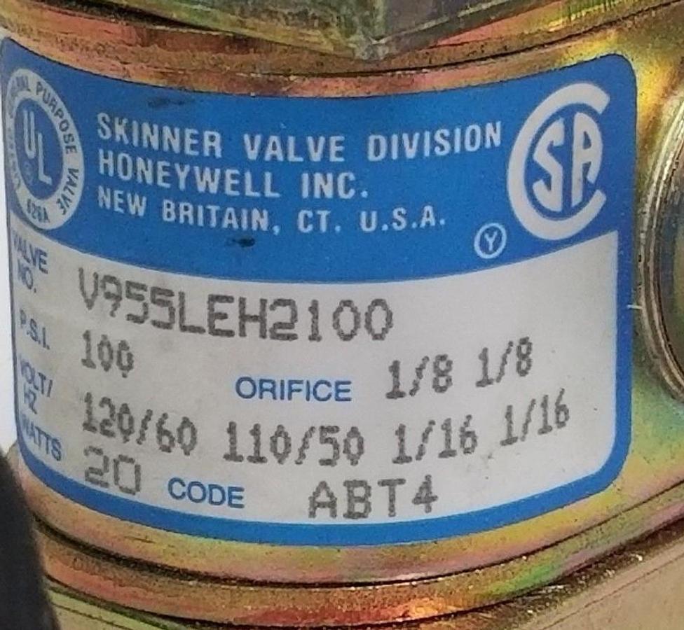 Used NEW HONEYWELL SKINNER V955LEH2100 SOLENOID VALVE 100PSI, 1/8" ORIFICE, 110/120V