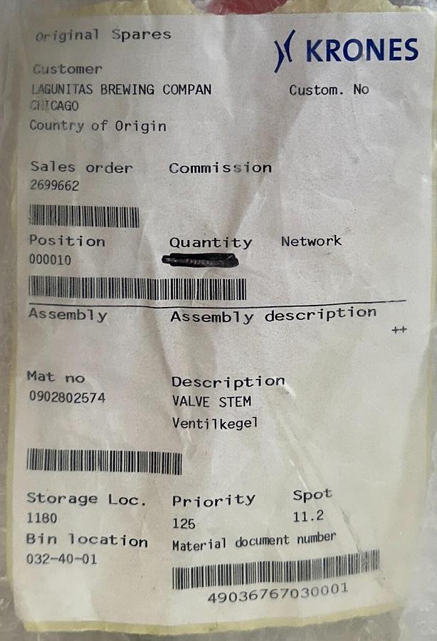 Used KRONES 0902802574 VALVE STEM OEM SPARE PART STAINLESS NSNP