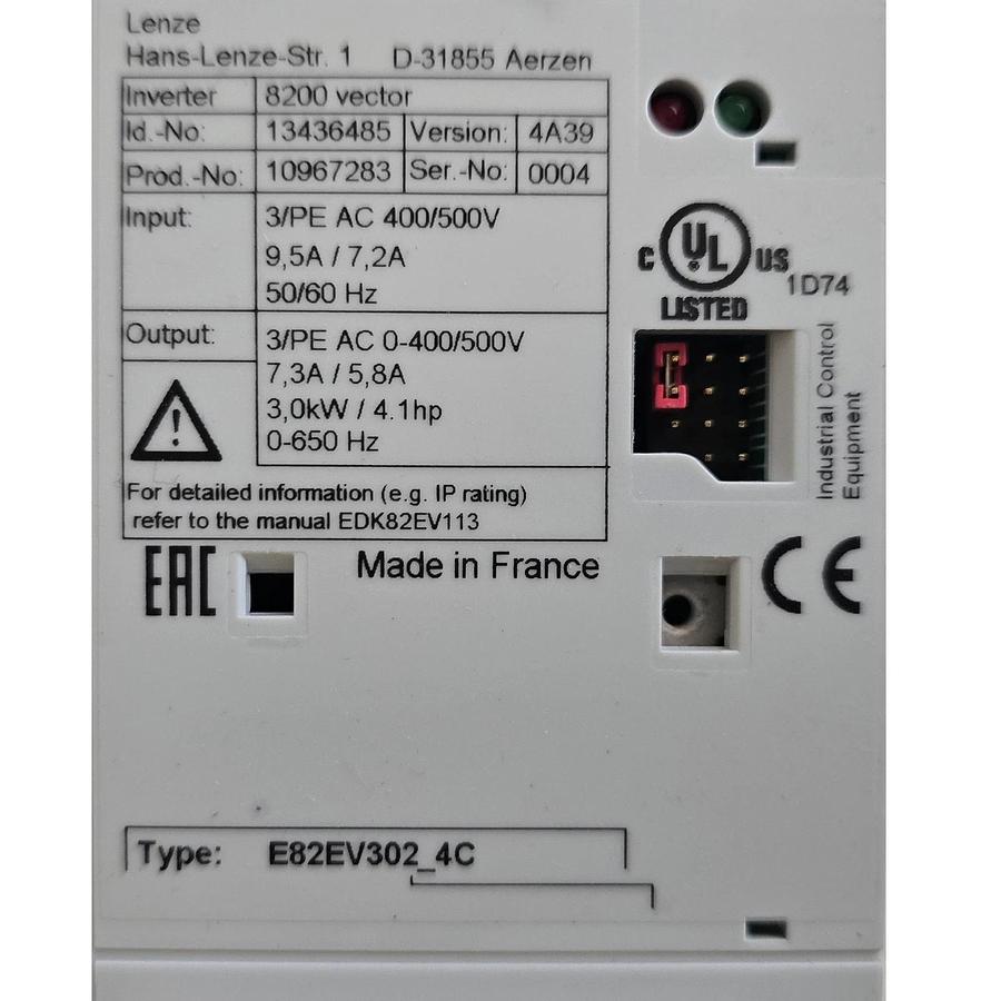 LENZE E82EV302_4C / E82EV302K4C VER. 4A39 8200 VECTOR INVERTER 3kW 13436485 NSMP