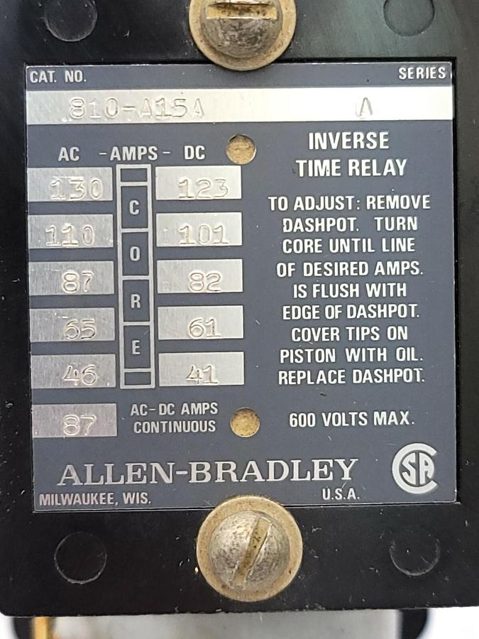 Used ALLEN BRADLEY 810-A15A INVERSE TIME RELAY 810A15A SER. A