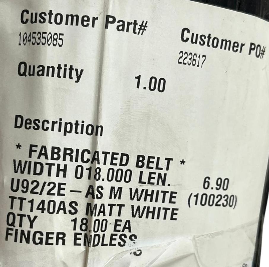 Used UBR 100230 U92/2E-AS TT140AS Matt White Fabricated Conveyor Belt 18" x 82.75"