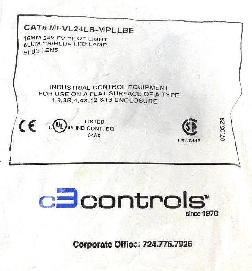 Used NEW C3 CONTROLS MFVL24LB-MPLLBE 16MM 24V FV PILOT LIGHT BLUE LENS
