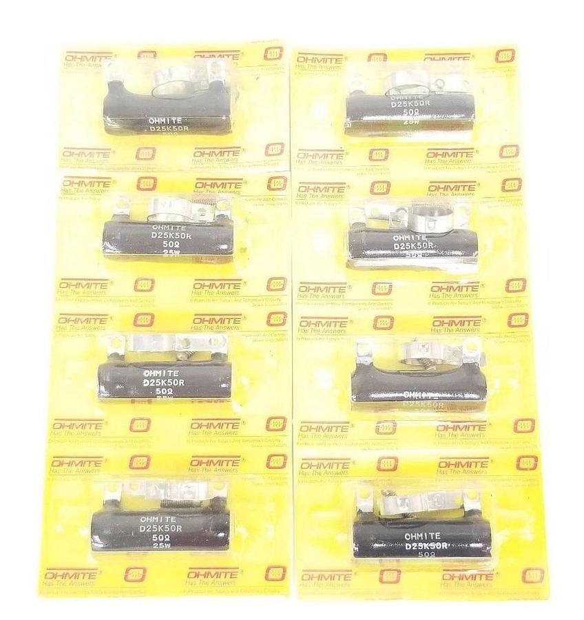 Used LOT OF 8 NIB OHMITE D25K50R WIREWOUND RESISTORS 50OHM, 25W