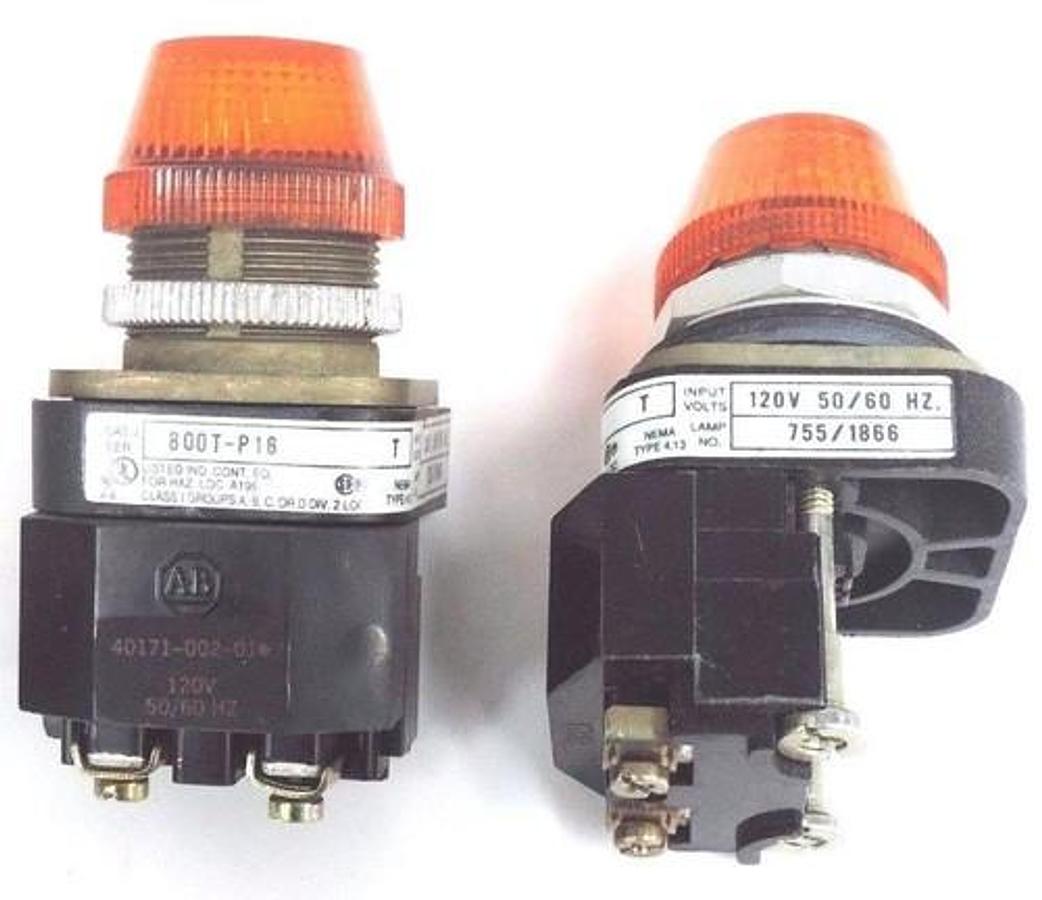 Used LOT OF 2 ALLEN BRADLEY 800T-P16 PILOT LIGHT AMBER W/ 40171-002-01 120V COILS