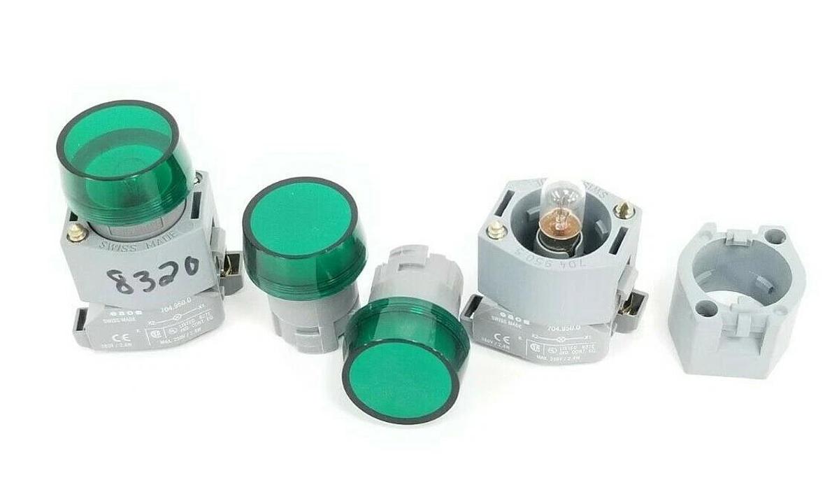Used LOT OF EAO 704.950.0 LAMP SOCKETS W/ 704.950.5 MOUNTING FLANGES GREEN LENSES