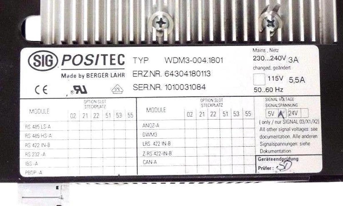 Used SIG POSITEC BERGER LAHR WDM3-004.1801 SERVO DRIVE 230/240V, 5,5A WDM30041801