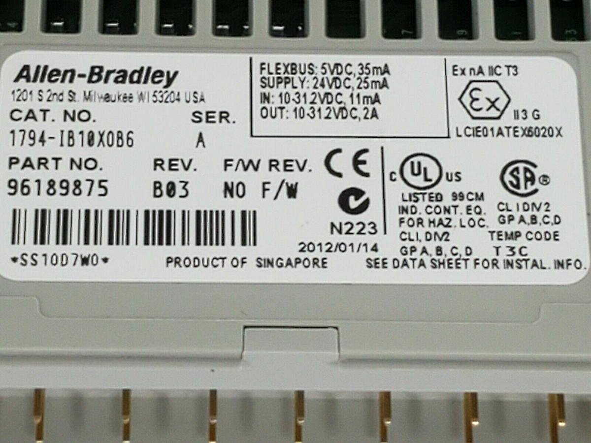 Used ALLEN BRADLEY 1794-IB10XOB6 FLEX I/O SER. A REV. B03 W/ 1794-TB3 SER. A REV. A01