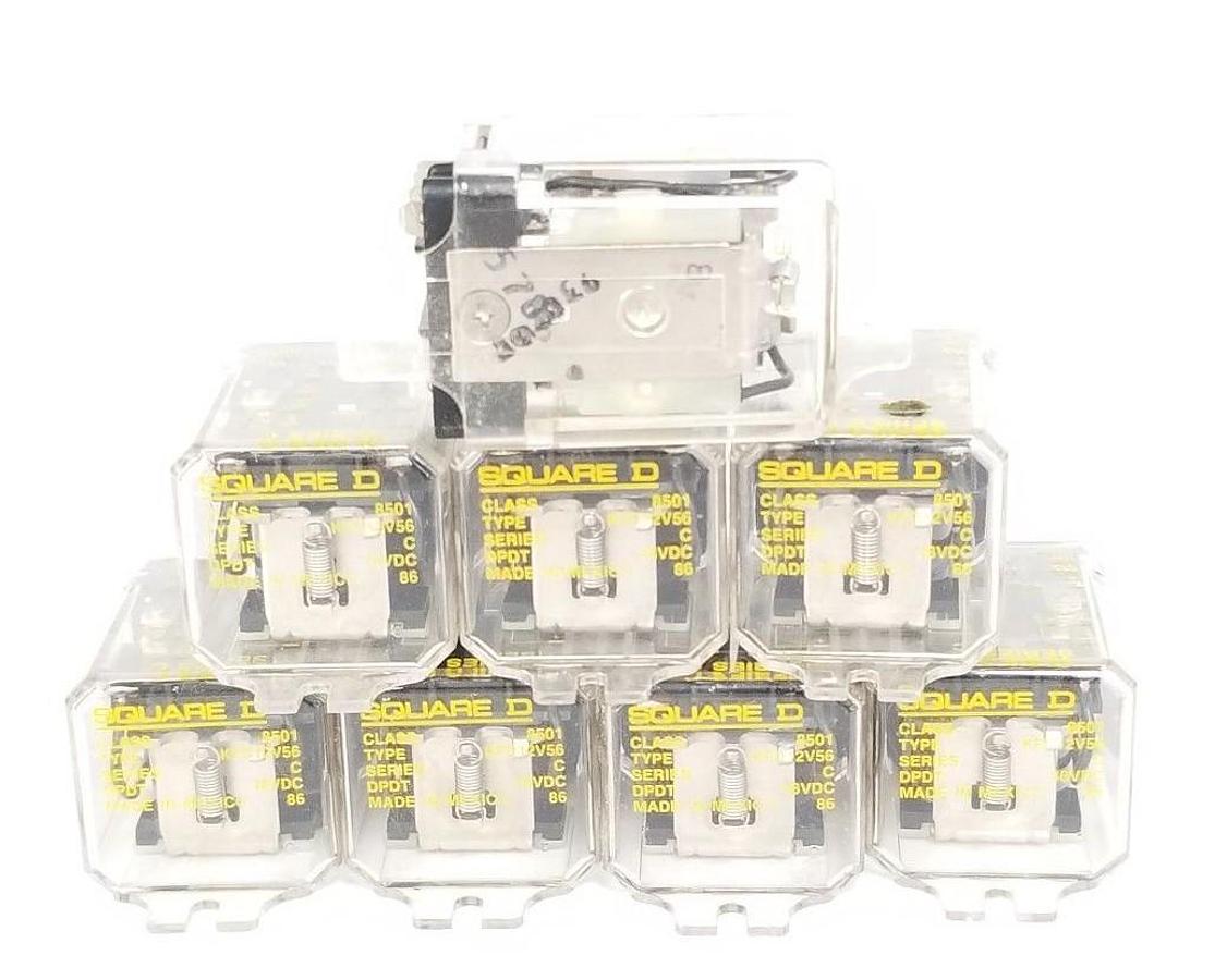 Used LOT OF 8 SQUARE D 8501-KFD12V56 RELAYS, SERIES C, 48VDC DPDT, 15734