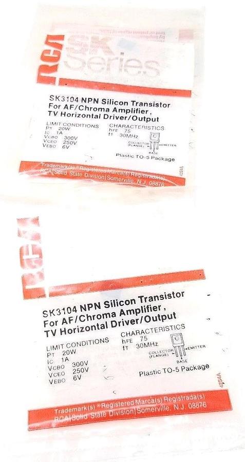 Used LOT OF 4 NEW RCA SK3104 NPN SILICON TRANSISTORS SK SERIES