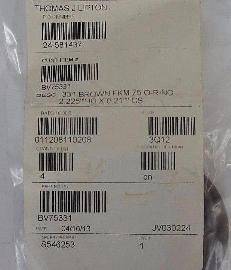 4 NEW THOMAS J LIPTON BV75331 DESC: -331 BOWN FKM 75 O-RING 2.225'' ID X 0.21''