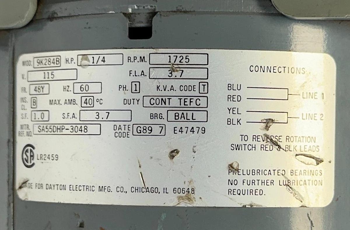 Used DAYTON 9K284B ELECTRIC MOTOR 1/4HP 115V 1725RPM 60Hz 48Y FRAME 1-PHASE USNP