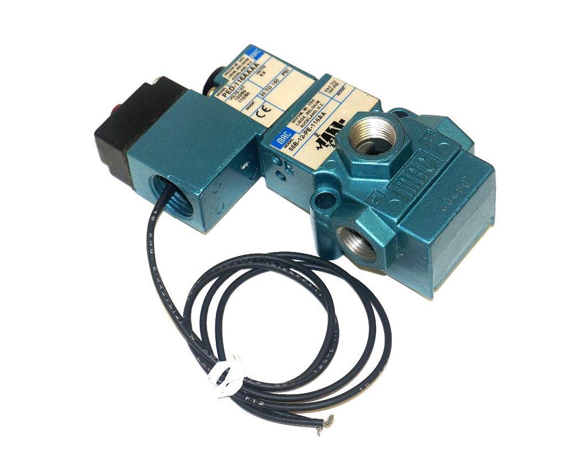 Used MAC 55B-12-PE-116AA VALVE W/ PED-116AAAA, 6.8 WATTS, 30 TO 150 PSI