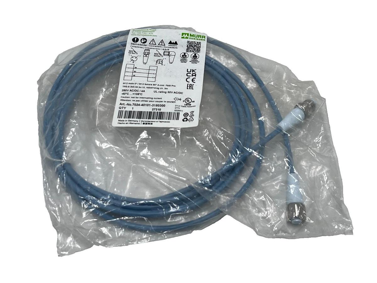 Used MURR ELEKTRONIK 7024-40101-3150300 M12 Cordset Male-Female 90° 3m F&B Pro