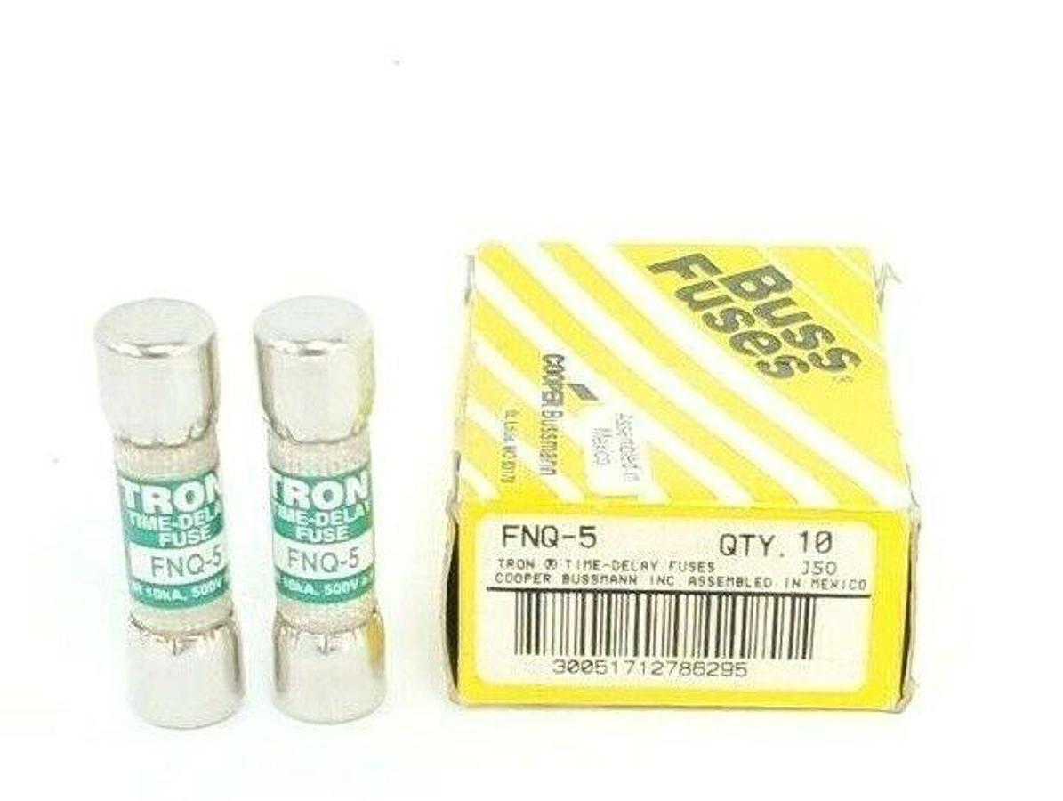 Used BOX OF 2 NEW COOPER BUSSMANN FNQ-5 TRON TIME-DELAY FUSES FNQ5, 500VAC, 5AMP