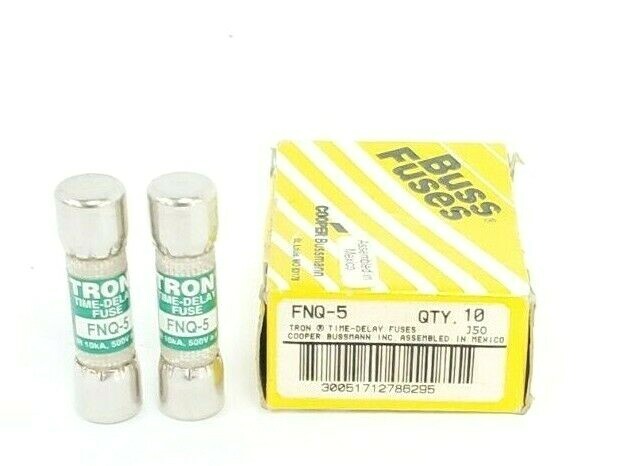 Used BOX OF 2 NEW COOPER BUSSMANN FNQ-5 TRON TIME-DELAY FUSES FNQ5, 500VAC, 5AMP