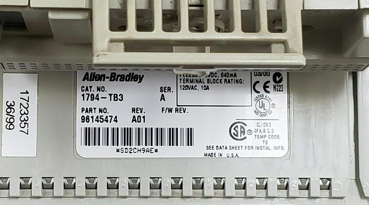 Used ALLEN BRADLEY 1794-TB3 TERMINAL BASE 1794TB3 SER. A, REV. A01, P/N: 96145474