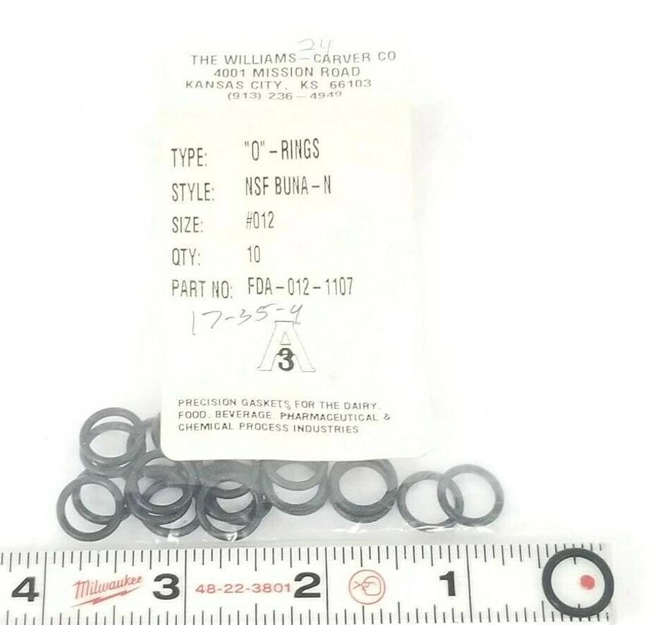 Used NEW BAG OF 24 WILLAIMS-CARVER CO. FDA-012-1107 O-RINGS NSF BUNA-N #012