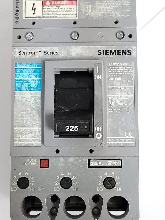 Used SIEMENS FXD63B225 SER. B SENTRON SERIES CIRCUIT BREAKER 225A 600V FXD6-A