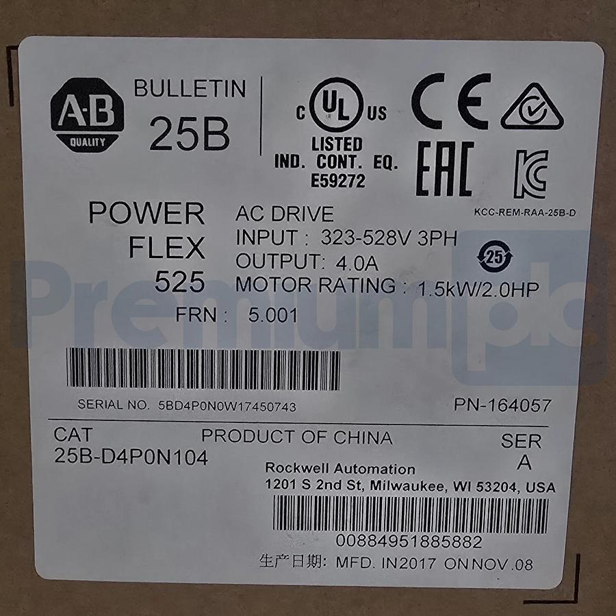 Allen Bradley 25B-D4P0N104 /A PowerFlex 525 AC Drive 2HP 480V 3PH FRN 5.001 NSMP 884951885882