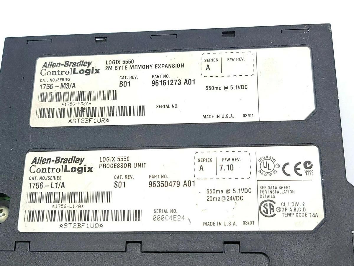 Used ALLEN BRADLEY 1756-M3/A REV. B01 SER. A 1756-L1/A REV. S01 SER. A F/W: 7.10