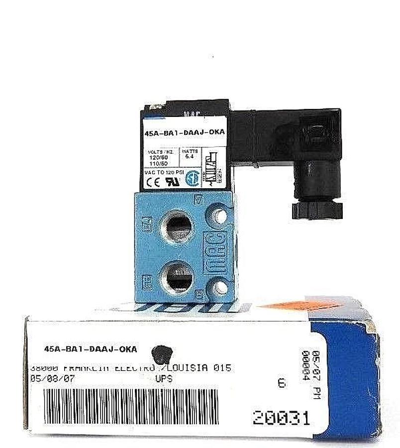 Used NIB MAC 45A-BA1-DAAJ-0KA SOLENOID VALVE 110/120VAC, 5.4W, 120PSI