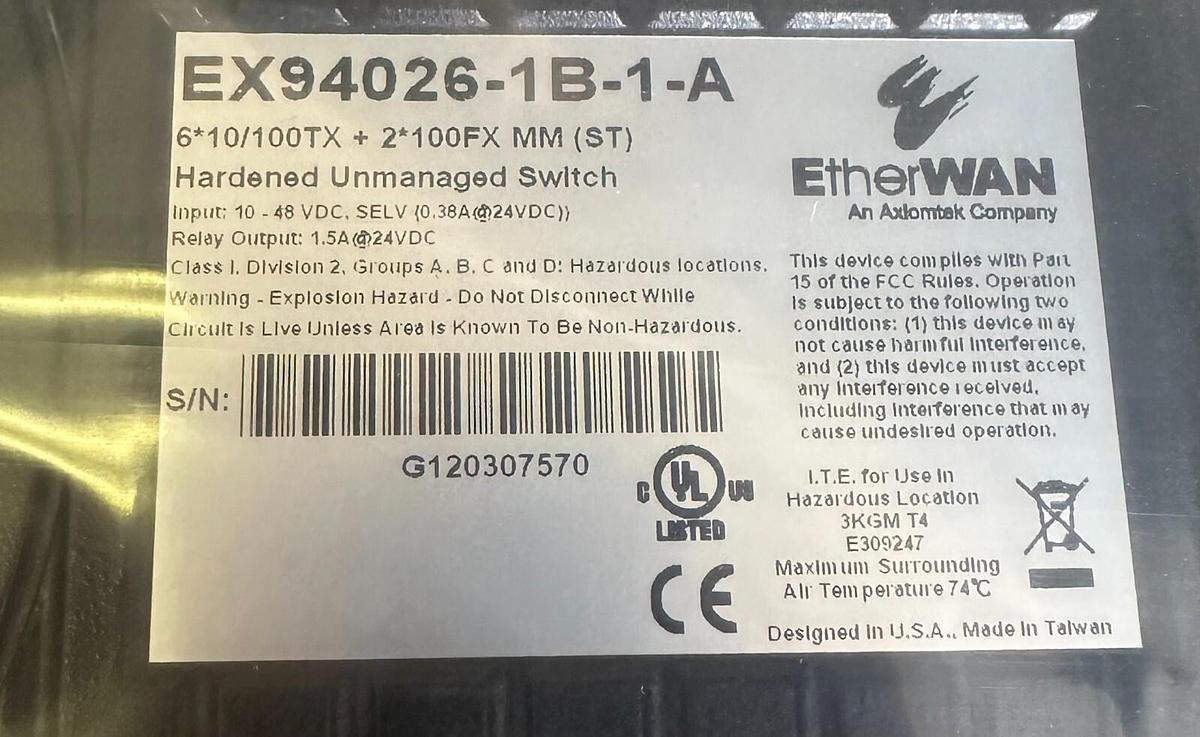 Used NEW EtherWAN EX94026-1B-1-A / EX940261B1A 8-PORT HARDEDED ETHERNET SWITCH 10-48V