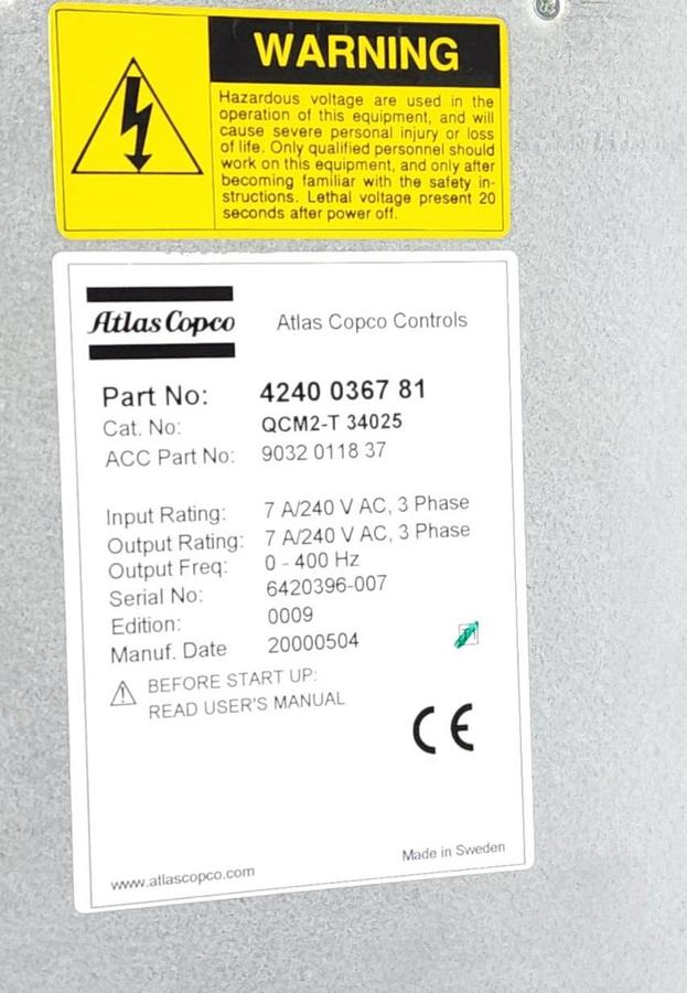 Used ATLAS COPCO 4240 0367 81 / 4240036781 SERVO DRIVE EDITION: 0009 QCM2-T 340 25