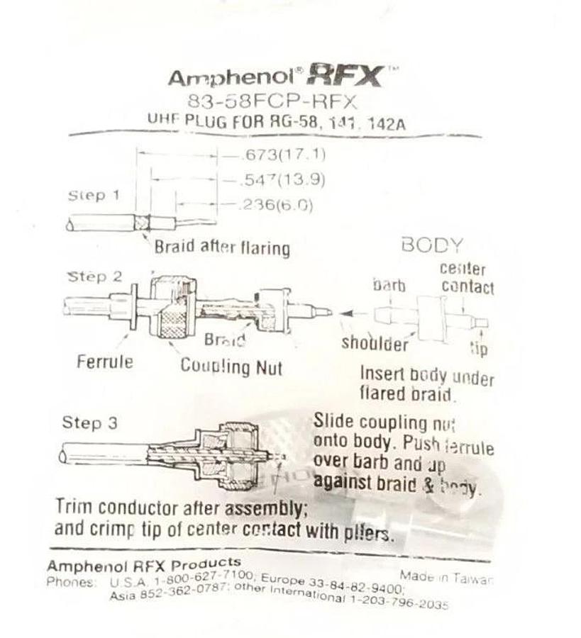 Used NEW AMPHENOL RFX 83-58FCP-RFX UHF PLUG FOR RG-58, 141, 142A