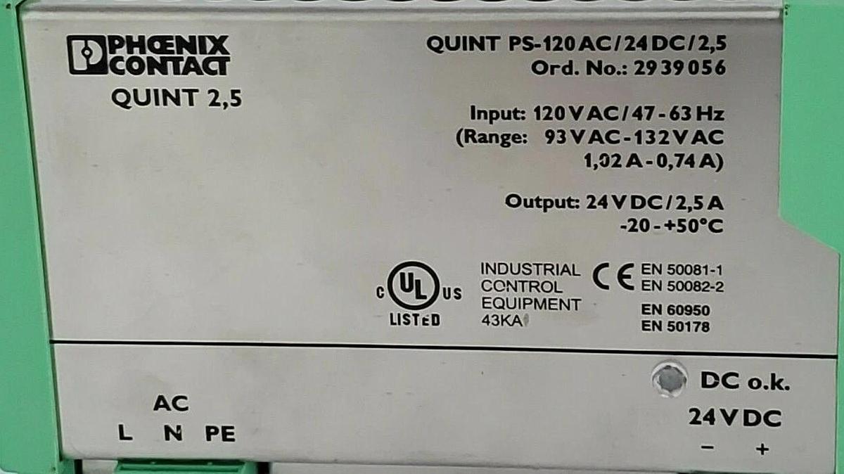 Used PHOENIX CONTACT QUINT-PS-120AC/24DC/2.5 POWER SUPPLY ORD. NO.: 2939056