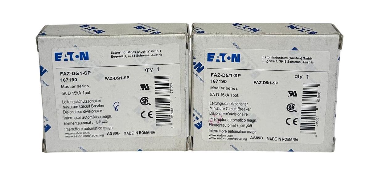 Used 2 EATON FAZ-D5/1-SP / 167190 MOELLER SERIES CIRCUIT BREAKERS 5A 15kA 1-POLE NSMP