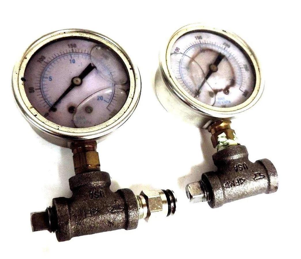 Used LOT OF 2 GENERIC LIQUID FILLED PRESSURE GAUGES 100XKPA, 0-300 PSI