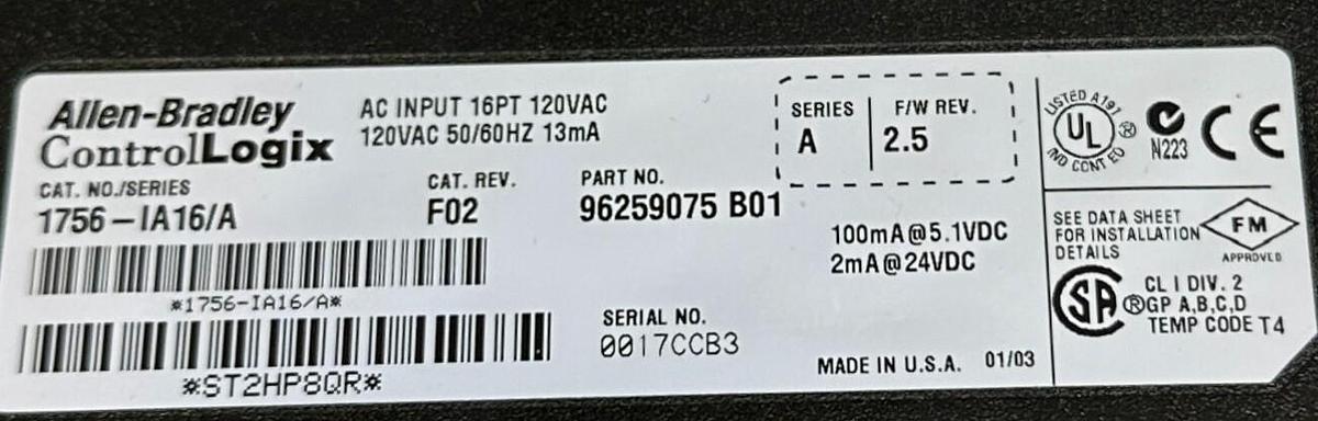 Used ALLEN BRADLEY 1756-IA16 /A ControlLogix 16-PT AC INPUT MODULE 120VAC 13mA USNP