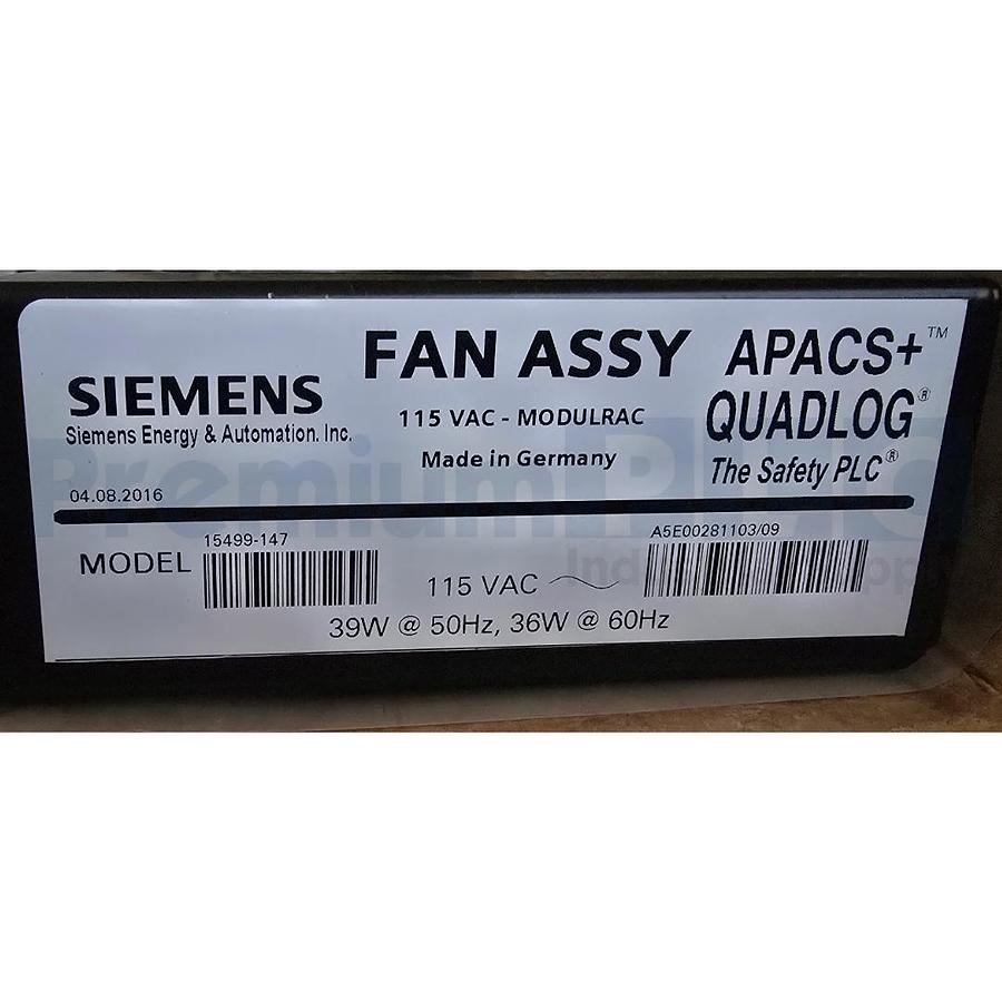 Used SIEMENS 15499-147 APACS + QUADLOG FAN ASSY 115VAC MODULRAC A5E00281103/09 NSMP