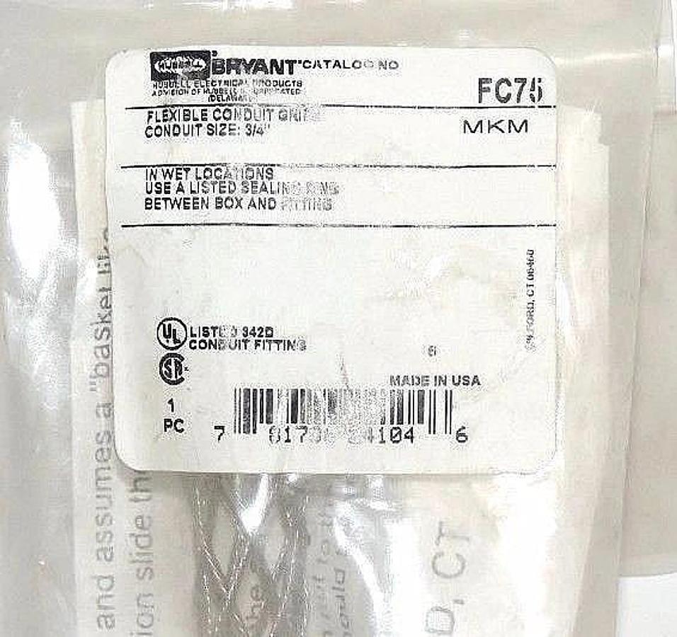Used NEW HUBBELL FC75 FLEXIBLE CONDUIT GRIPS CONDUIT SIZE: 3/4''