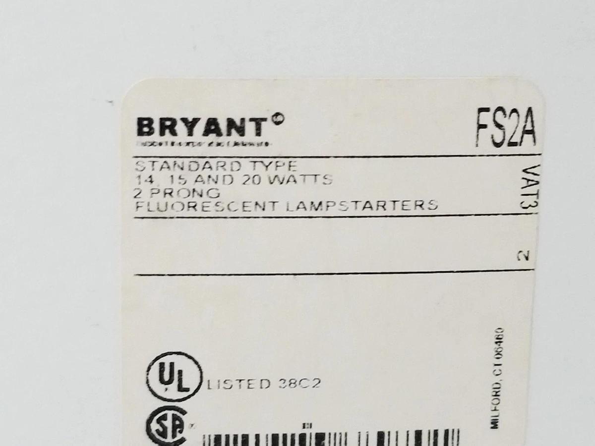 Used BOX OF 25 NEW HUBBELL / BRYANT FS2A FLUORESCENT LAMP STARTERS 14,15,20W 2 PRONG