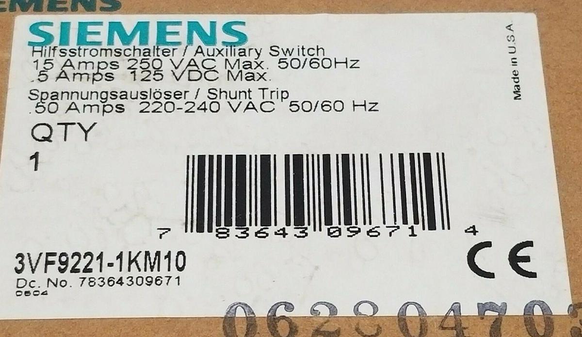 Used NIB SIEMENS 3VF9221-1KM10 AUXILIARY SWITCH / SHUNT TRIP 220-240VAC 50/60HZ