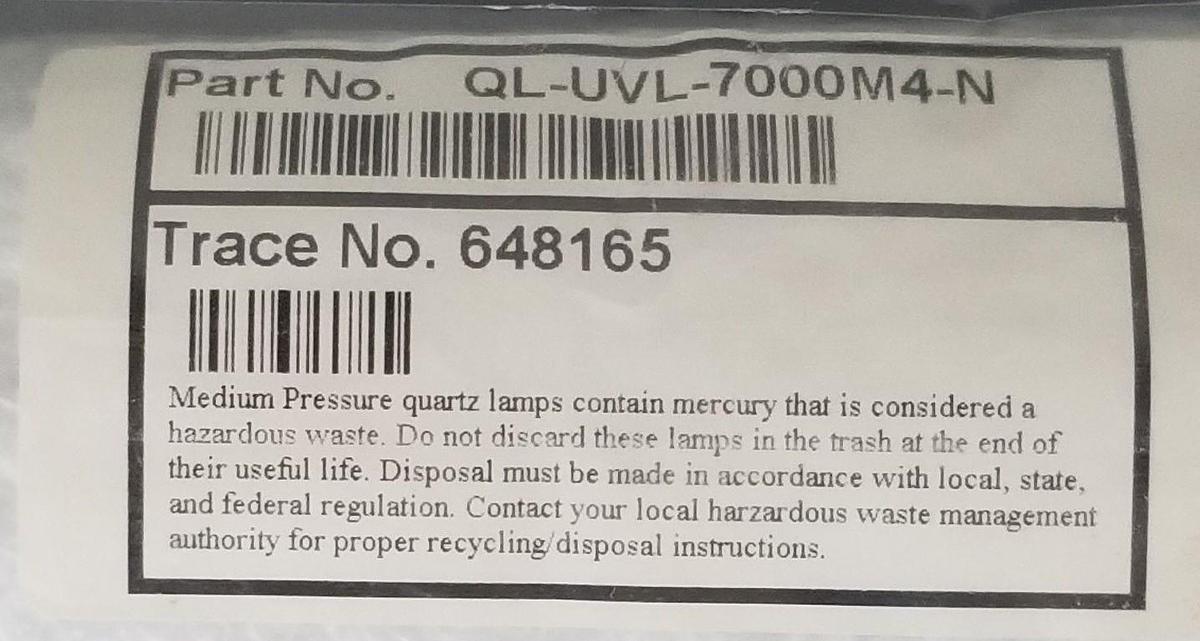 Used NEW UV TECH PIONEER QL-UVL-7000M4-N QUARTZ LAMP 648165, QLUVL7000M4N