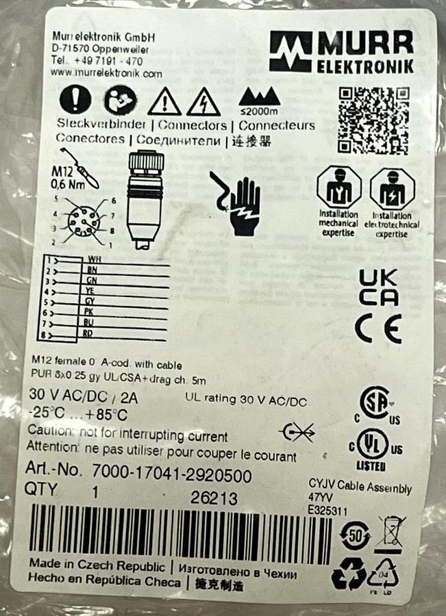 Used Murrelektronik 7000-17041-2920500 M12 Female Straight Cable 5m NEW