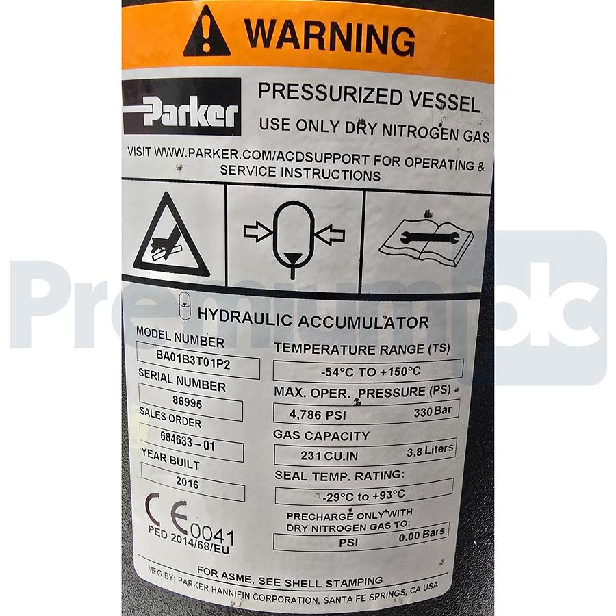 Parker BA01B3T01P2 Hydraulic Bladder Accumulator 1 Gal. 330 Bar BA01B3T01A1 NSMP